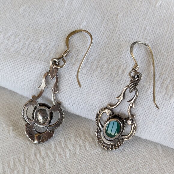 Delicate Ornate Sterling Dangle Earrings with Emerald Colored Inlay - Picture 3 of 10